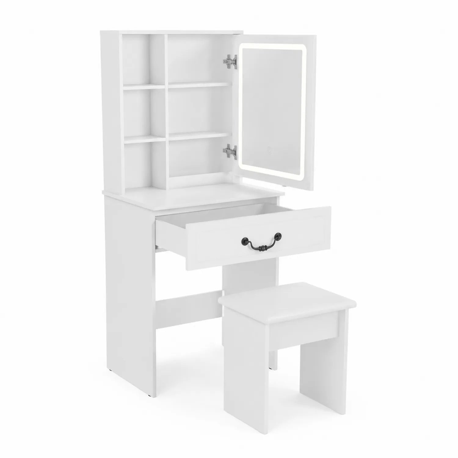 Toaletka z lustrem LED i taboretem, MDF, Szkło hartowane, 80x40x140 cm