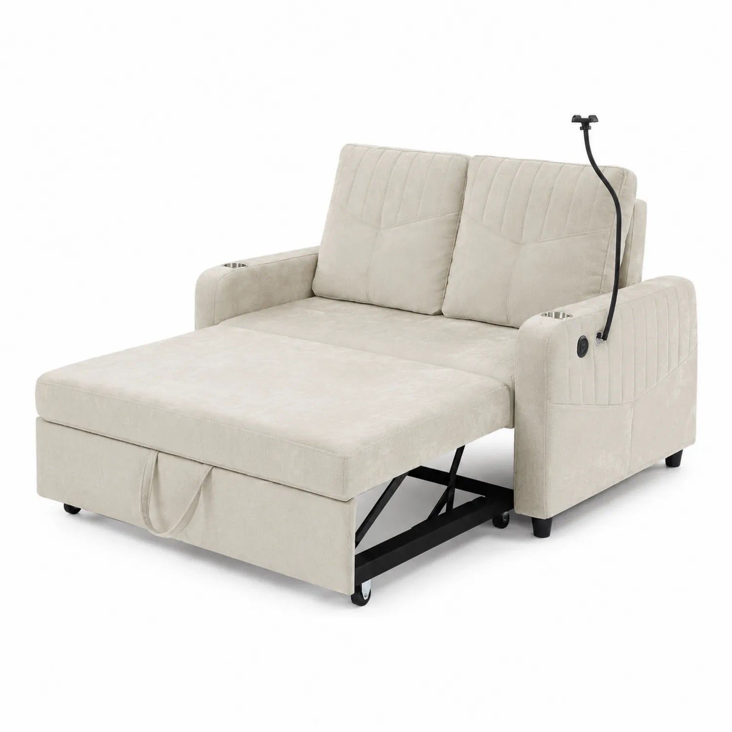 Beżowa sofa rozkładana z mikrofibry z funkcją łóżka i portem USB